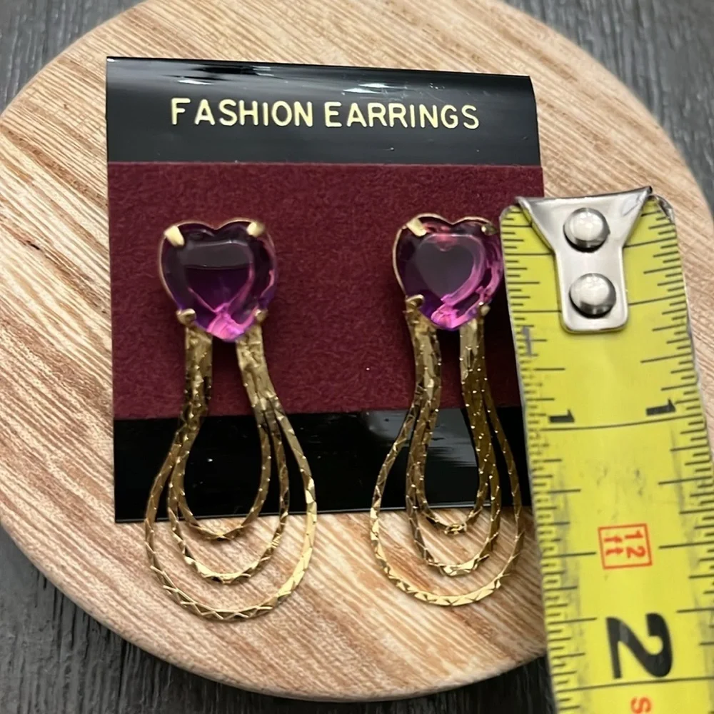 NWT Fashion Earrings Heart Romance Drop Dangle Earrings - Purple and Gold - Picture 3 of 4
